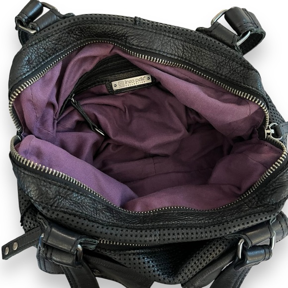 Linea Pelle Large Black Leather Perforated Zip Top Shoulder Bag Satchel Purse - Picture 10 of 11